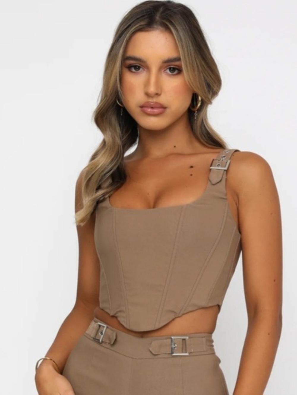 White Fox Boutique Taupe Corset Crop Top - Women Size Small